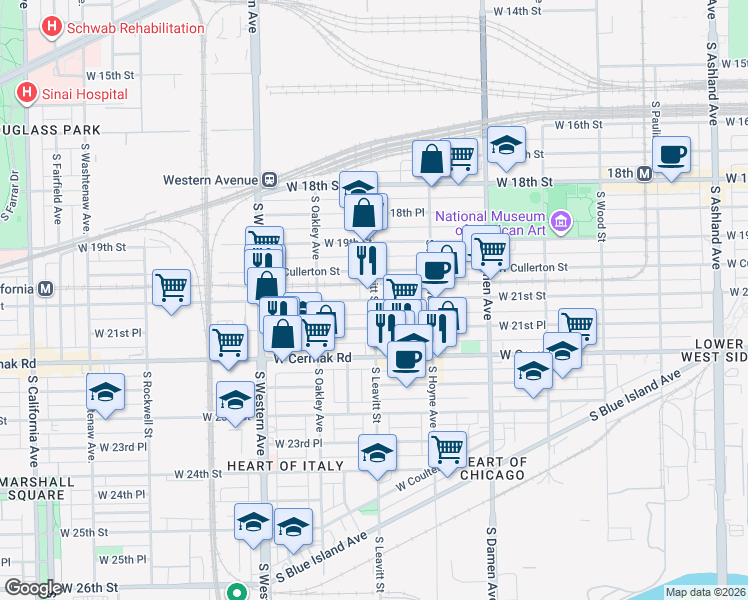 map of restaurants, bars, coffee shops, grocery stores, and more near W 21st St & S Leavitt St in Chicago