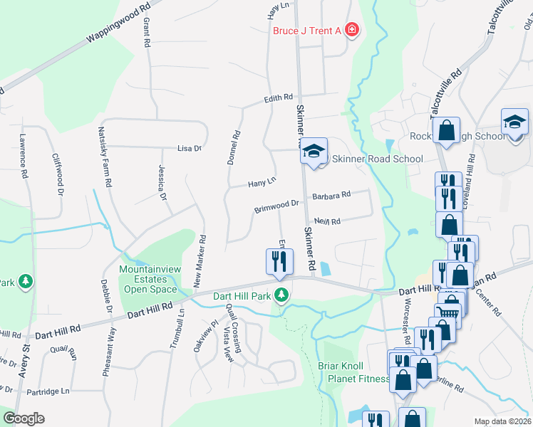 map of restaurants, bars, coffee shops, grocery stores, and more near 25 Brimwood Drive in Vernon