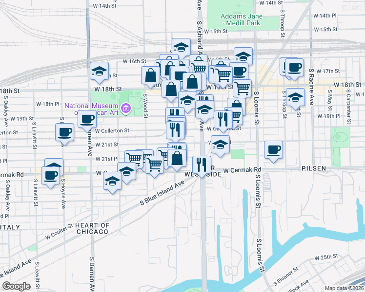 map of restaurants, bars, coffee shops, grocery stores, and more near 1632 West 21st Street in Chicago