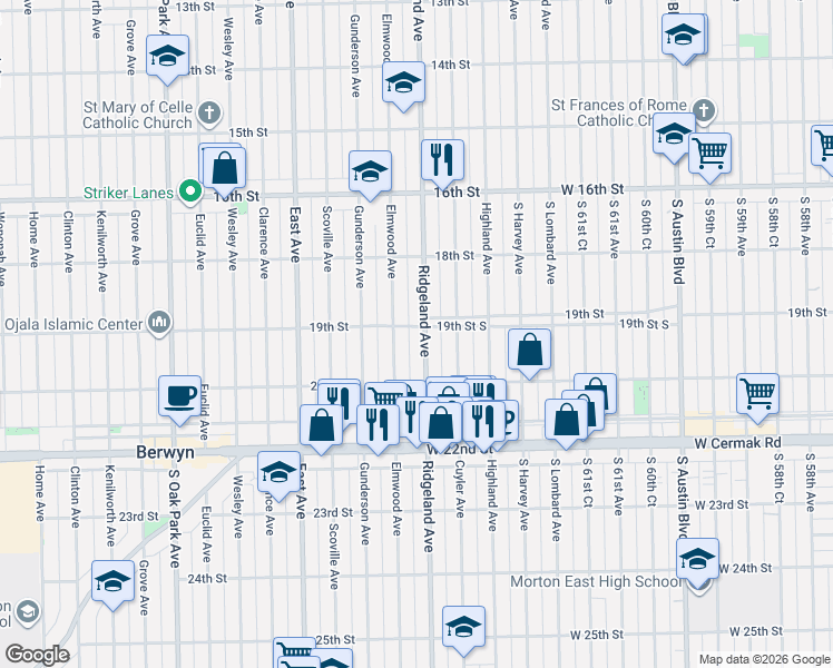 map of restaurants, bars, coffee shops, grocery stores, and more near 1845 Elmwood Avenue in Berwyn