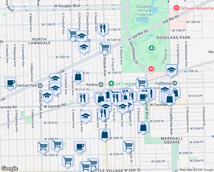 map of restaurants, bars, coffee shops, grocery stores, and more near 1947 South Kedzie Avenue in Chicago