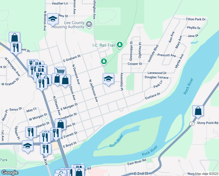 map of restaurants, bars, coffee shops, grocery stores, and more near 703 East Morgan Street in Dixon