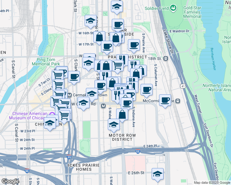 map of restaurants, bars, coffee shops, grocery stores, and more near 61 East 21st Street in Chicago