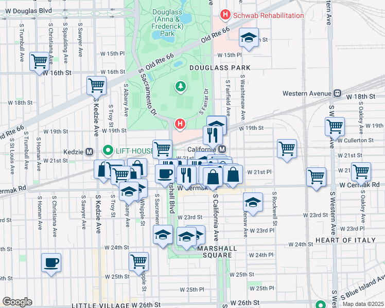map of restaurants, bars, coffee shops, grocery stores, and more near 2851 West Cullerton Street in Chicago