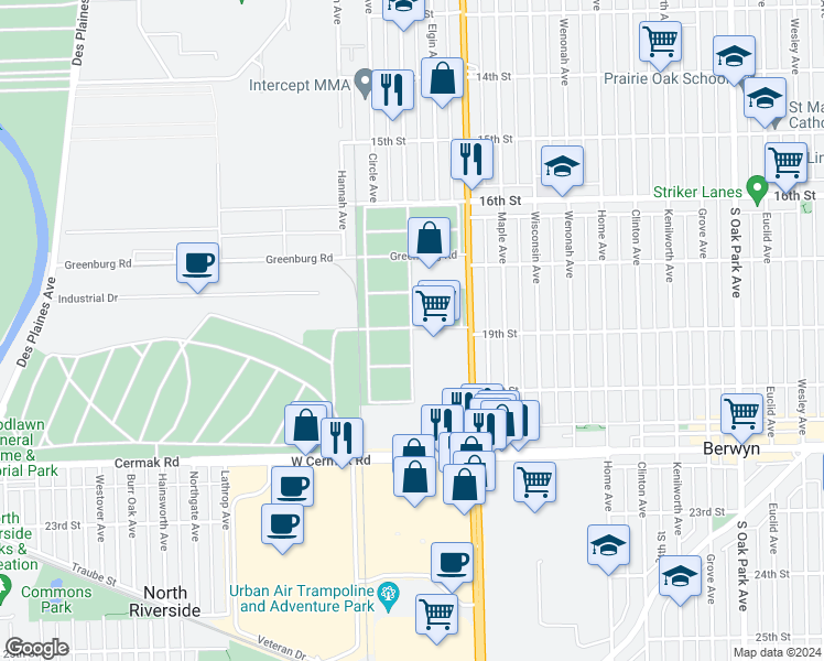 map of restaurants, bars, coffee shops, grocery stores, and more near 2100 South Harlem Avenue in North Riverside