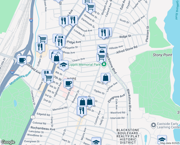 map of restaurants, bars, coffee shops, grocery stores, and more near 93 11th Street in Providence