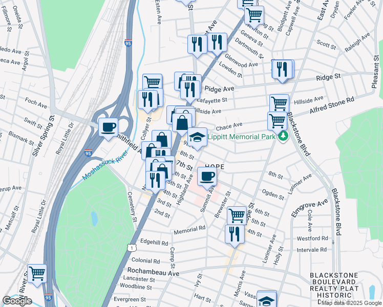 map of restaurants, bars, coffee shops, grocery stores, and more near 46 9th Street in Providence
