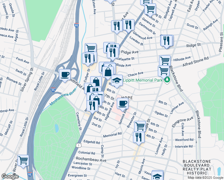 map of restaurants, bars, coffee shops, grocery stores, and more near 1255 North Main Street in Providence