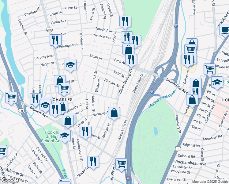map of restaurants, bars, coffee shops, grocery stores, and more near 40 Brockton Street in Providence