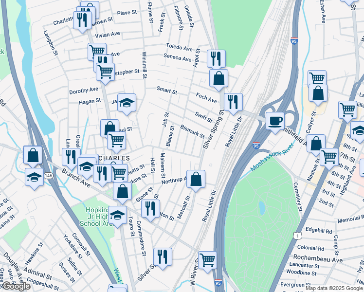 map of restaurants, bars, coffee shops, grocery stores, and more near 30 Amory Street in Providence