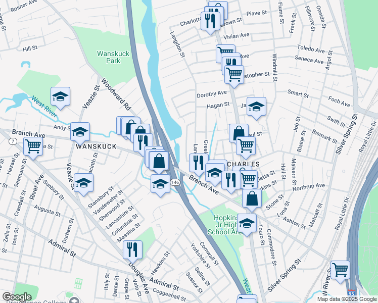 map of restaurants, bars, coffee shops, grocery stores, and more near 641 Branch Avenue in Providence