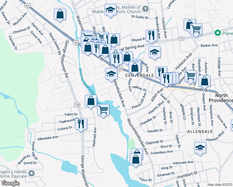map of restaurants, bars, coffee shops, grocery stores, and more near 604 Woonasquatucket Avenue in North Providence