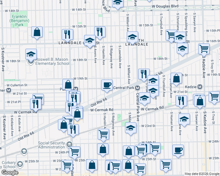 map of restaurants, bars, coffee shops, grocery stores, and more near 1917 South Ridgeway Avenue in Chicago