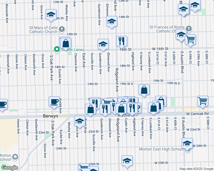 map of restaurants, bars, coffee shops, grocery stores, and more near 1845 Elmwood Avenue in Berwyn