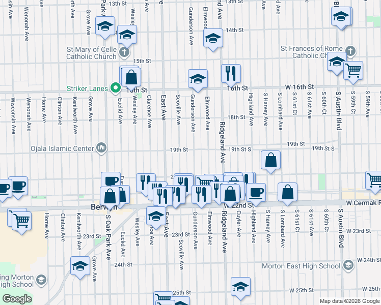 map of restaurants, bars, coffee shops, grocery stores, and more near 1849 Gunderson Avenue in Berwyn
