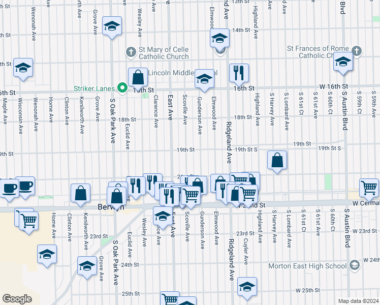 map of restaurants, bars, coffee shops, grocery stores, and more near 1846 Scoville Avenue in Berwyn