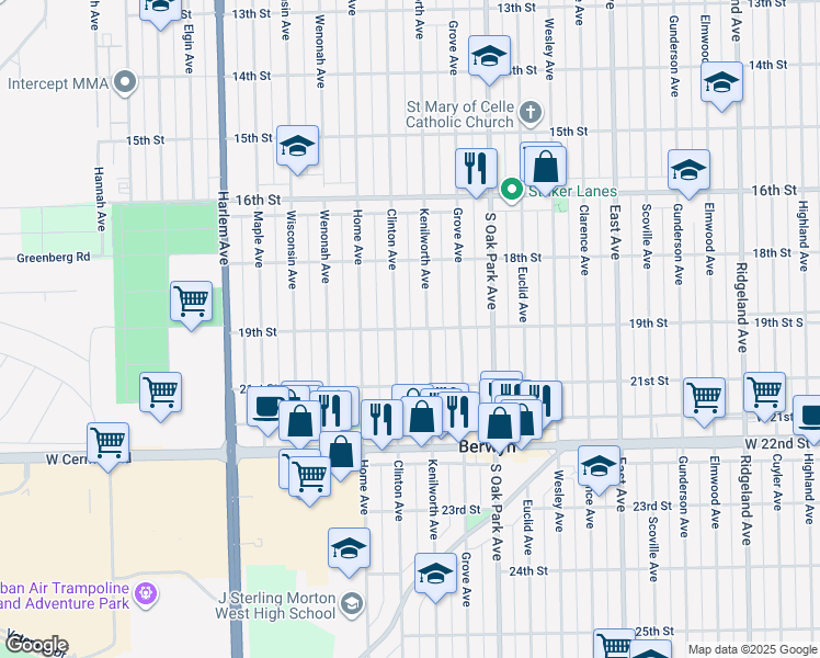 map of restaurants, bars, coffee shops, grocery stores, and more near 1844 Kenilworth Avenue in Berwyn
