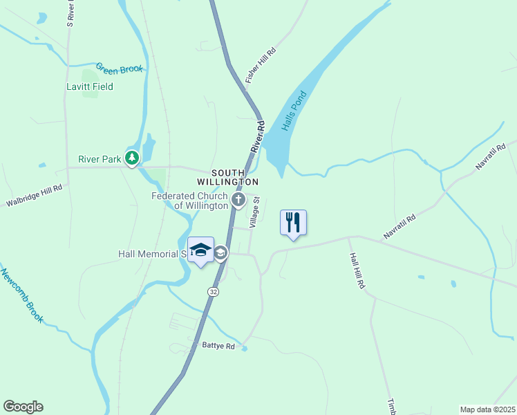 map of restaurants, bars, coffee shops, grocery stores, and more near 9 Village Street in Willington