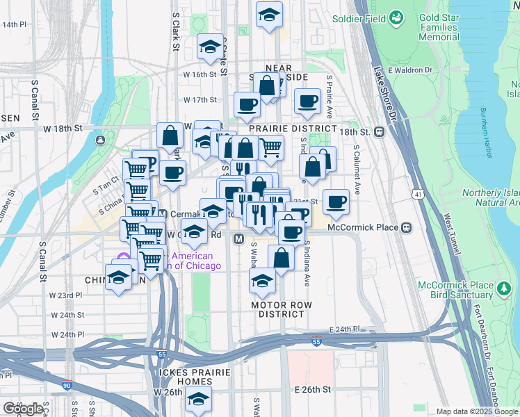 map of restaurants, bars, coffee shops, grocery stores, and more near 2111 South Wabash Avenue in Chicago