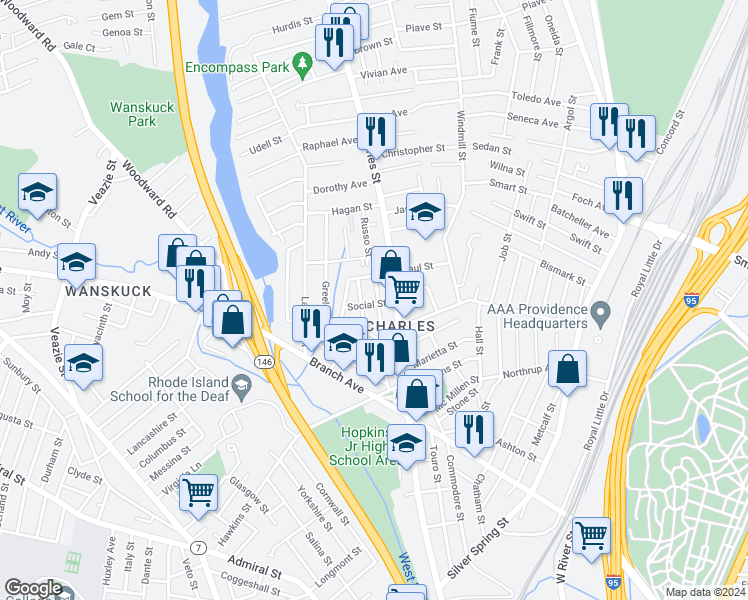 map of restaurants, bars, coffee shops, grocery stores, and more near 19 Social Street in Providence