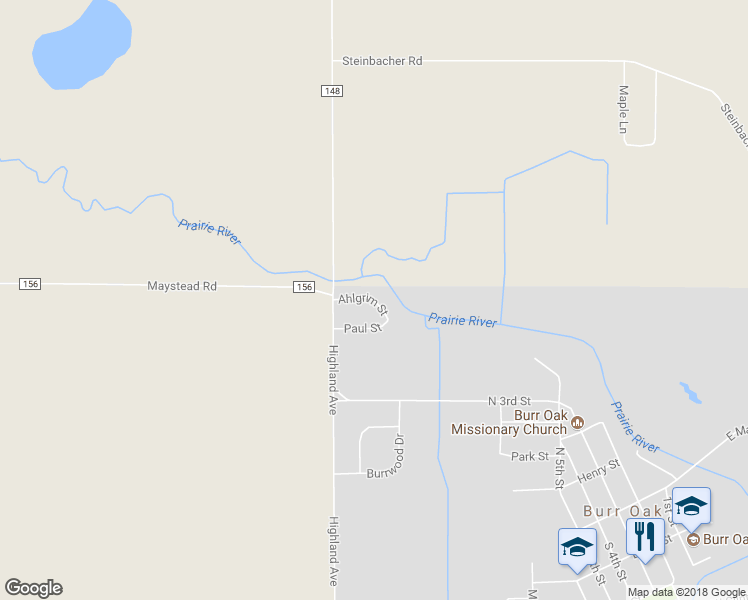 map of restaurants, bars, coffee shops, grocery stores, and more near 137 Ahlgrim Street in Burr Oak