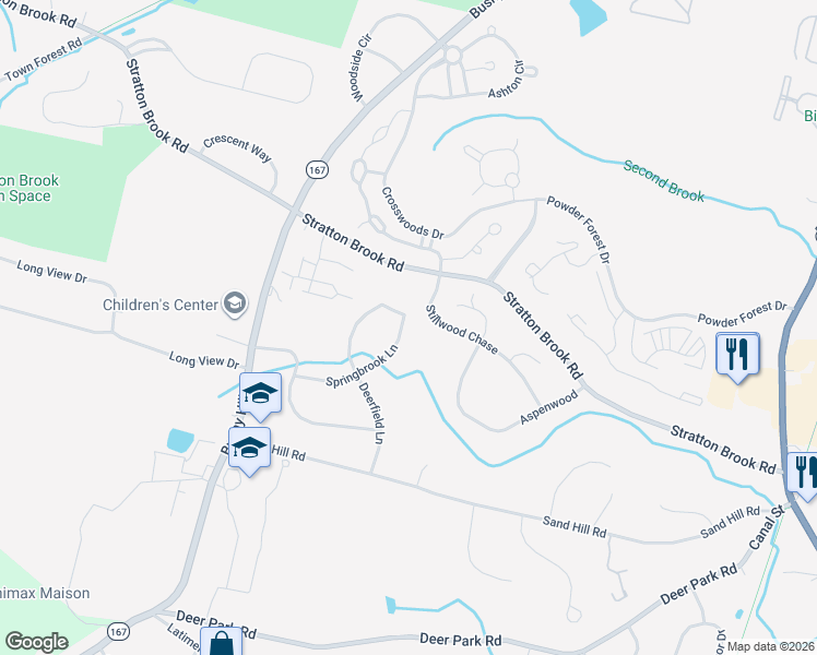 map of restaurants, bars, coffee shops, grocery stores, and more near 27 Springbrook Lane in Simsbury