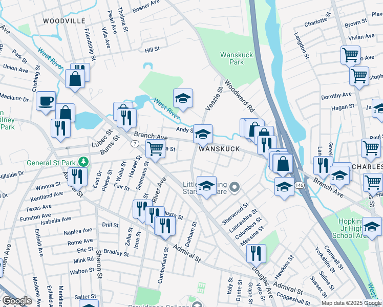 map of restaurants, bars, coffee shops, grocery stores, and more near 330 Veazie Street in Providence