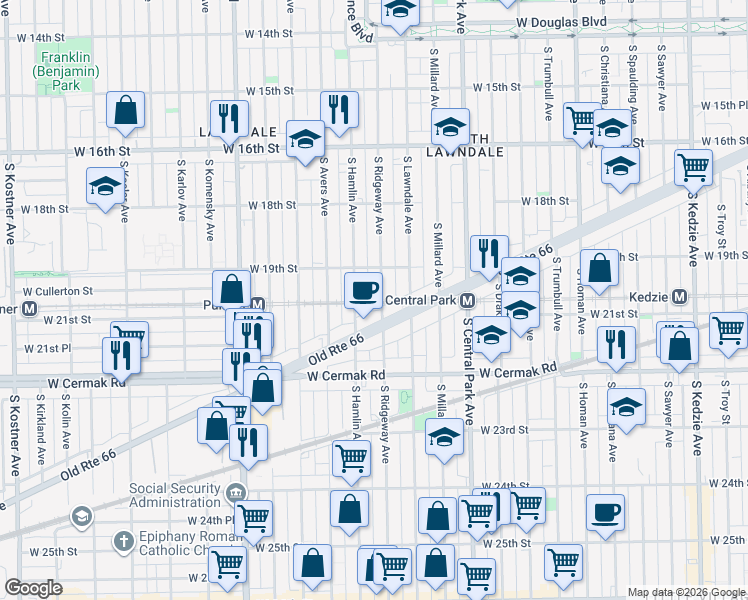 map of restaurants, bars, coffee shops, grocery stores, and more near 1917 South Ridgeway Avenue in Chicago