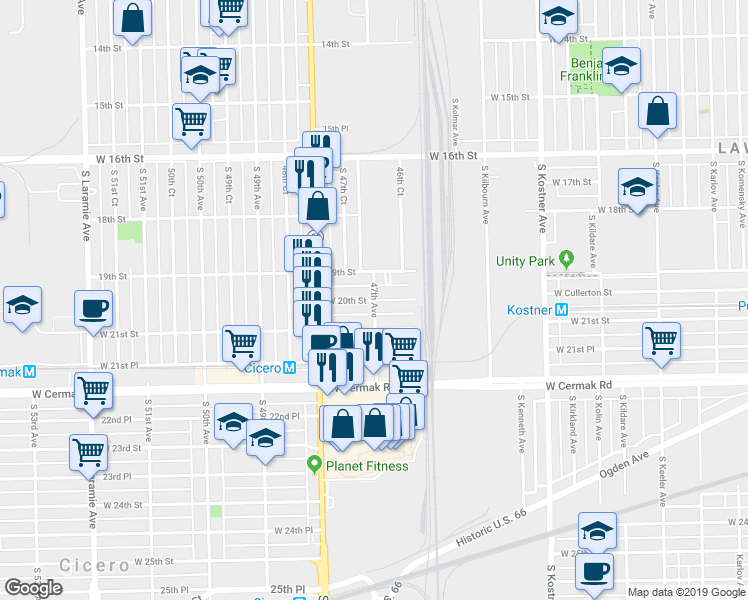 map of restaurants, bars, coffee shops, grocery stores, and more near 20th Street in Cicero