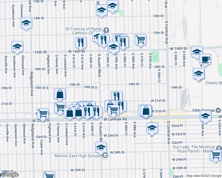 map of restaurants, bars, coffee shops, grocery stores, and more near 1901 South 59th Court in Cicero