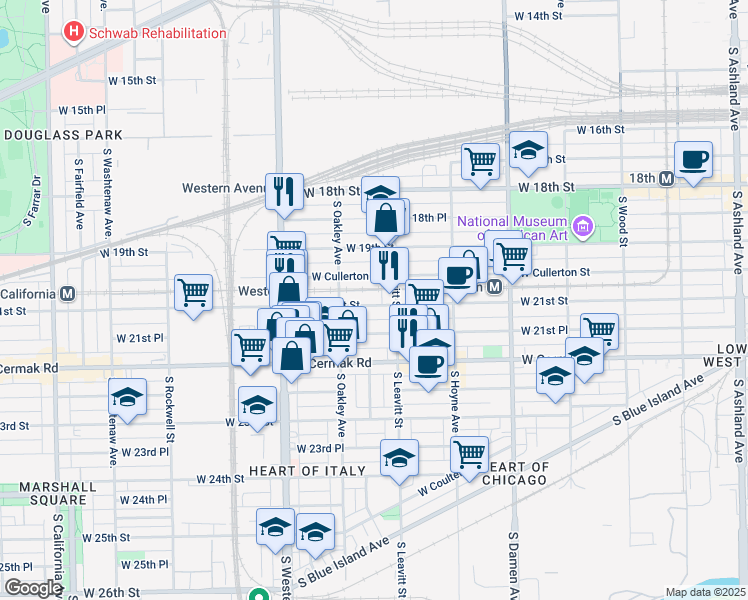 map of restaurants, bars, coffee shops, grocery stores, and more near 2247 West Cullerton Street in Chicago