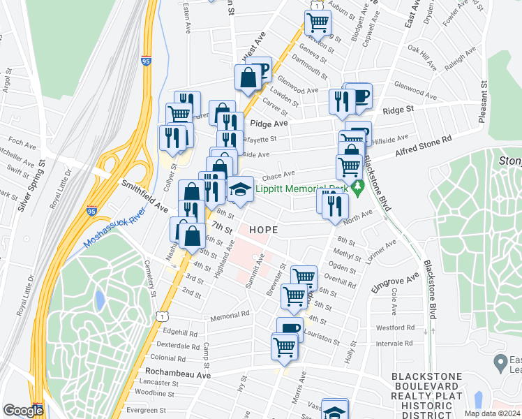 map of restaurants, bars, coffee shops, grocery stores, and more near 72 9th Street in Providence