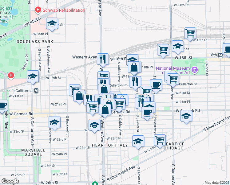 map of restaurants, bars, coffee shops, grocery stores, and more near 2312 West 21st Street in Chicago
