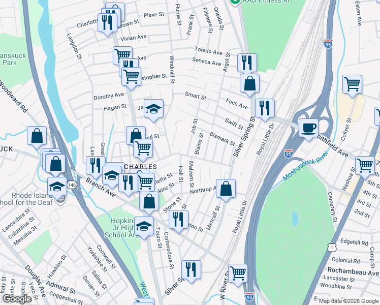 map of restaurants, bars, coffee shops, grocery stores, and more near 18 Job Street in Providence