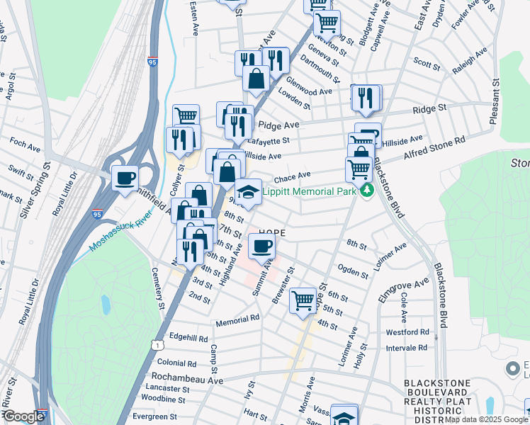 map of restaurants, bars, coffee shops, grocery stores, and more near 84 10th Street in Providence