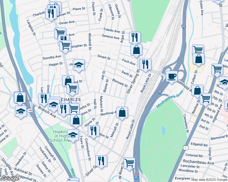map of restaurants, bars, coffee shops, grocery stores, and more near 30 Amory Street in Providence