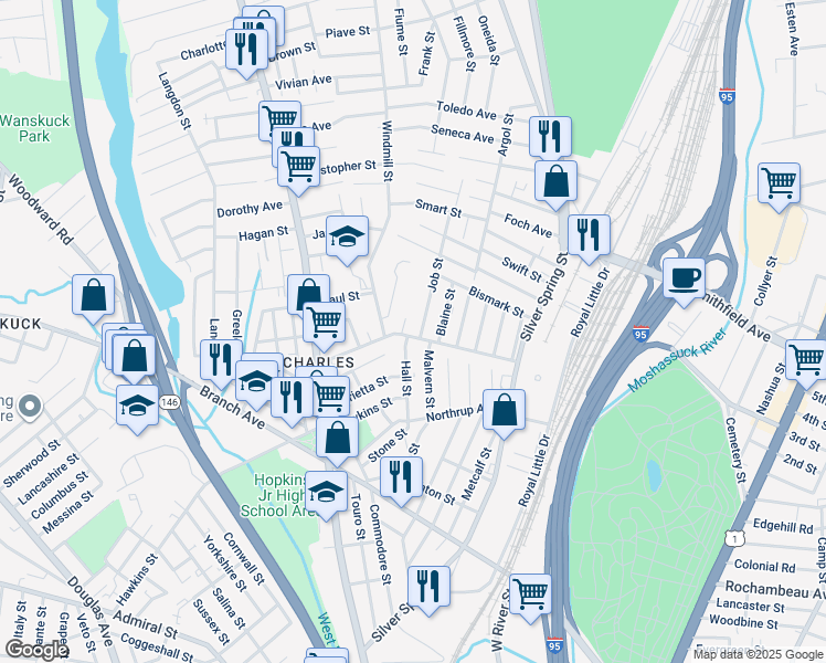 map of restaurants, bars, coffee shops, grocery stores, and more near 18 Job Street in Providence