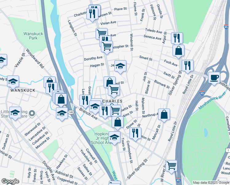 map of restaurants, bars, coffee shops, grocery stores, and more near 32 Peter Street in Providence