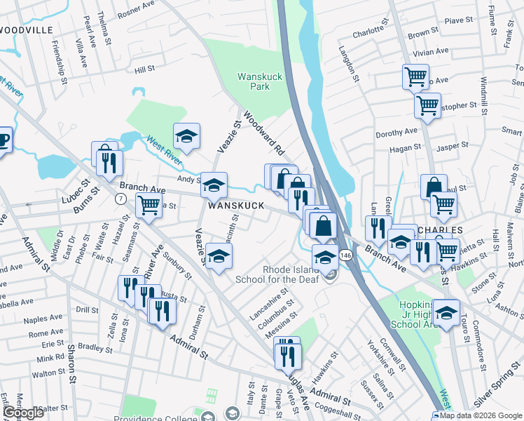 map of restaurants, bars, coffee shops, grocery stores, and more near in Providence