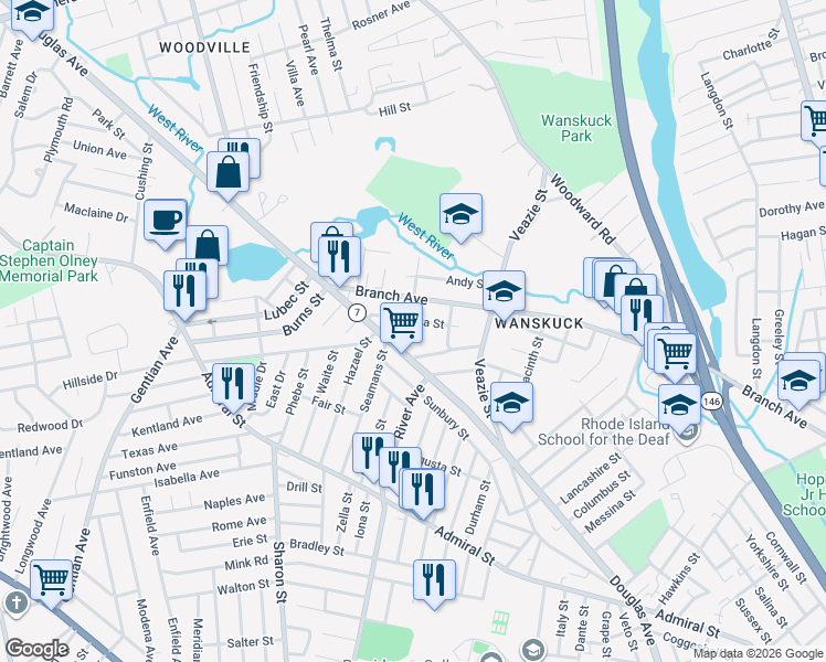 map of restaurants, bars, coffee shops, grocery stores, and more near in Providence
