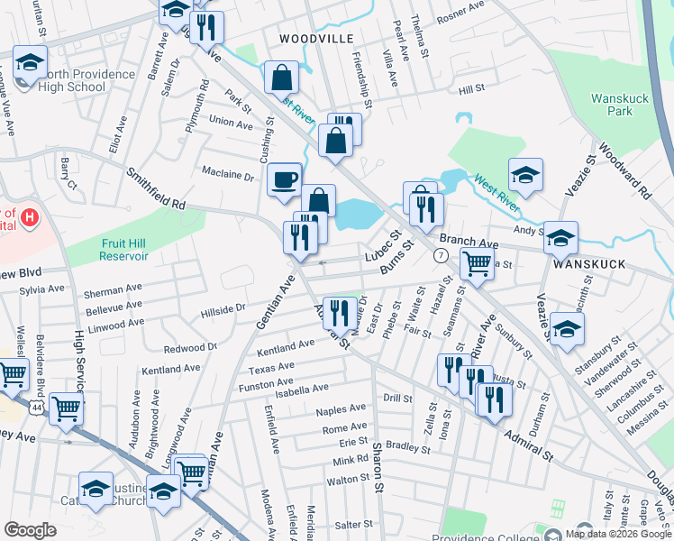 map of restaurants, bars, coffee shops, grocery stores, and more near 101 Lubec Street in Providence