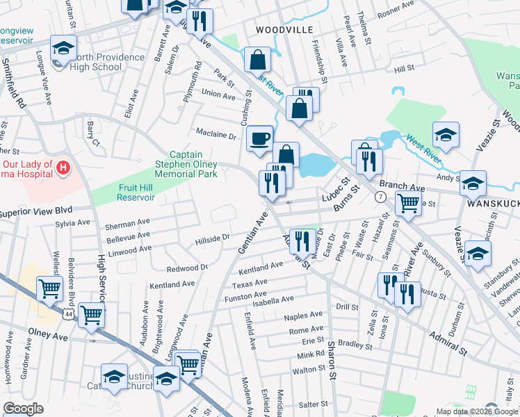 map of restaurants, bars, coffee shops, grocery stores, and more near 4 Smithfield Road in North Providence