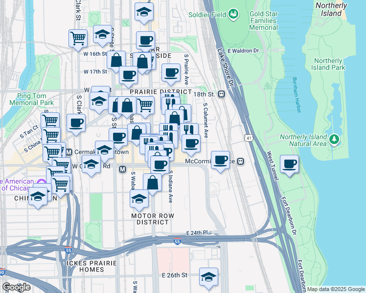 map of restaurants, bars, coffee shops, grocery stores, and more near in Chicago
