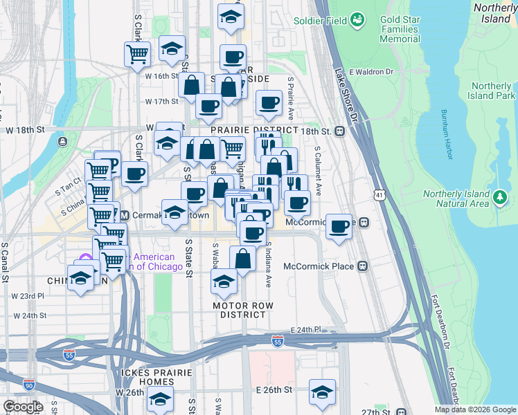 map of restaurants, bars, coffee shops, grocery stores, and more near 41 East 21st Street in Chicago