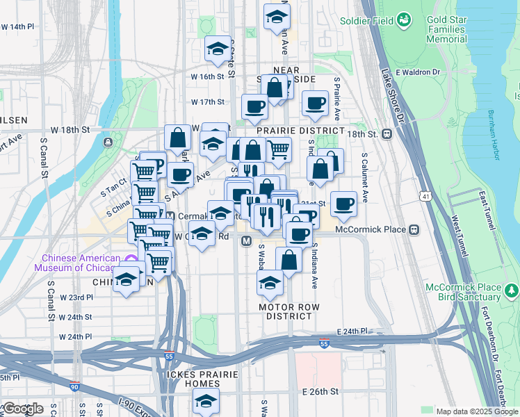 map of restaurants, bars, coffee shops, grocery stores, and more near 2031 South Wabash Avenue in Chicago