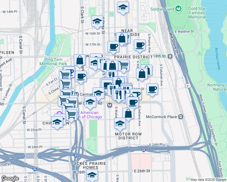 map of restaurants, bars, coffee shops, grocery stores, and more near 2031 South Wabash Avenue in Chicago