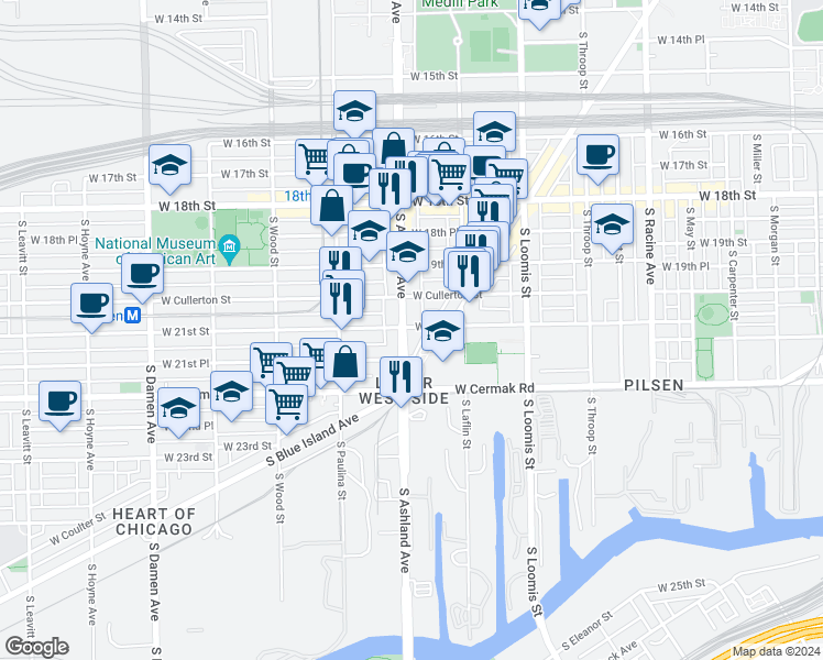 map of restaurants, bars, coffee shops, grocery stores, and more near 2018 South Ashland Avenue in Chicago