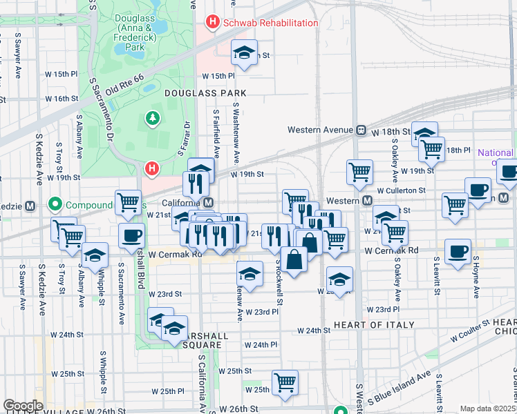 map of restaurants, bars, coffee shops, grocery stores, and more near 2621 West Cullerton Street in Chicago