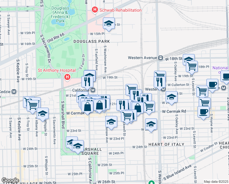 map of restaurants, bars, coffee shops, grocery stores, and more near 2621 West Cullerton Street in Chicago