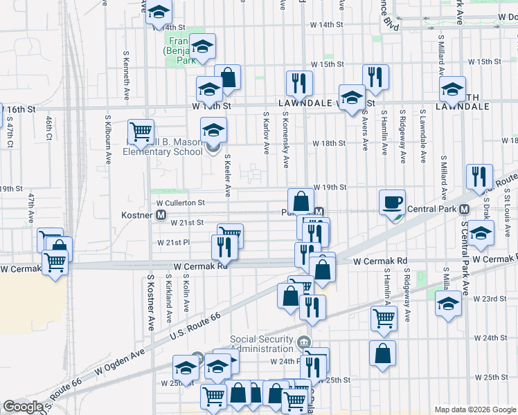 map of restaurants, bars, coffee shops, grocery stores, and more near 4100 West Cullerton Street in Chicago